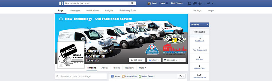 Blacks Mobile Locksmith Facebook Page Ad Advantage manages Blacks Mobile Locksmith's Business Page effectively promoting their locksmith service through interesting & engaging posts.