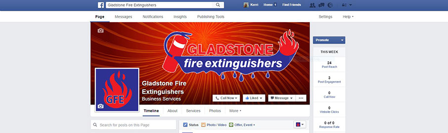 Gladstone Fire Extinguishers Facebook Page Ad Advantage manages Gladstone Fire Extinguishers' Business Page, effectively promoting their fire equipment service through interesting posts.