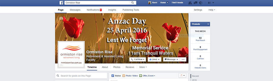 Ormiston Rise Facebook Page Ad Advantage manages Ormiston Rise's Business Page, effectively promoting their retirement village through interesting and engaging posts.