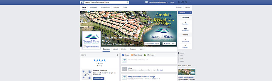 Tranquil Waters Facebook Page Ad Advantage manages Tranquil Waters' Business Page, effectively promoting their retirement village through interesting and engaging posts.